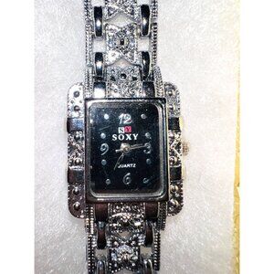 Soxy Womens Stainless Steel Silver Tone Quartz Watch With Rhinestones 8” Length